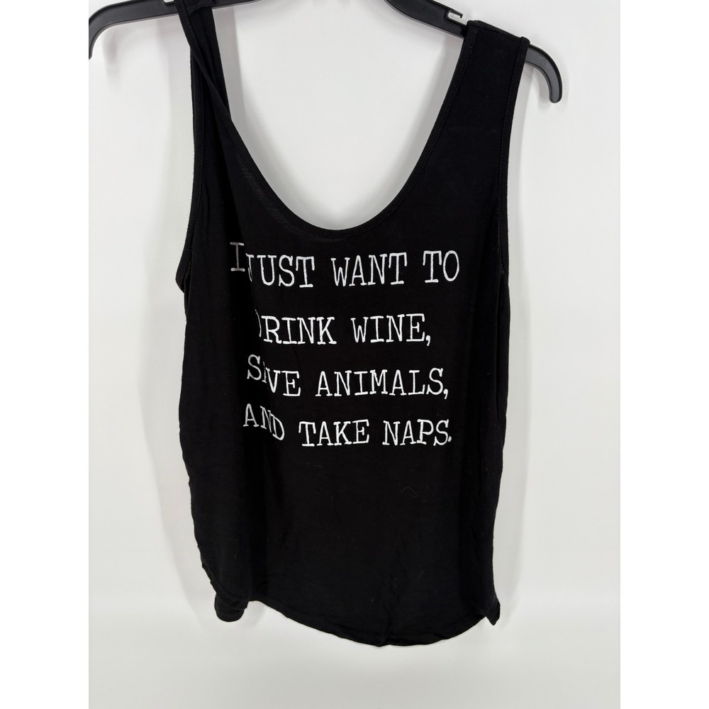 SuperDuperClothing Black Graphic Tank Top Drink Wine Save Animals Naps *